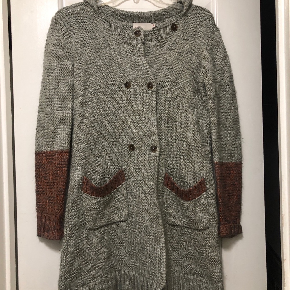 Yoon Long Open-Front Cardigan Sweater in Light Gray with Rust Accents Size Small - Picture 3 of 8